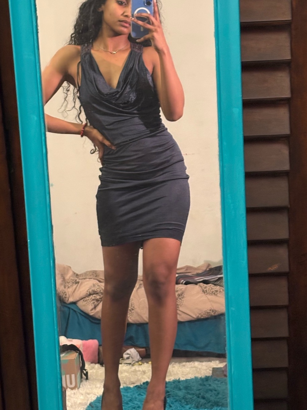 bebe Black Cowl Neck Ruched Mini Dress
